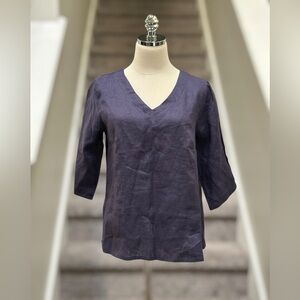 Amazhiyu 100% Linen Navy V Neck Blouse Women’s S Coastal Chic Capsule Natural